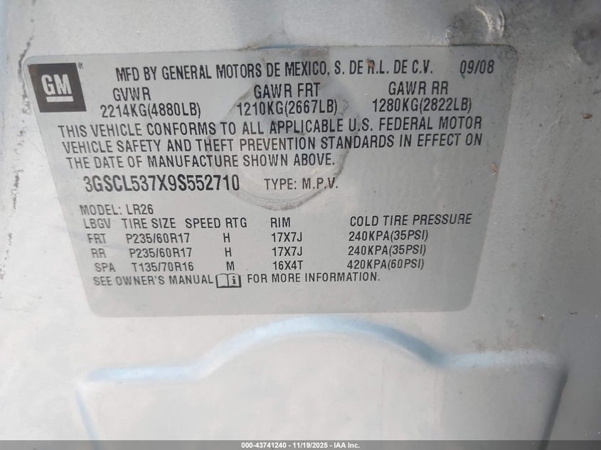 2009 Saturn Vue V6 Xr VIN: 3GSCL537X9S552710 Lot: 43741240