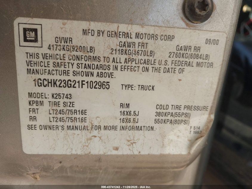 2001 Chevrolet Silverado 2500Hd Lt VIN: 1GCHK23G21F102965 Lot: 43741242