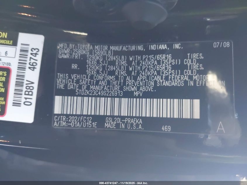 2009 Toyota Sienna Le VIN: 5TDZK23C49S226913 Lot: 43741247