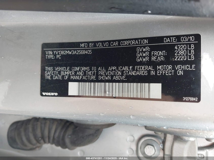2010 Volvo V50 2.4I VIN: YV1382MW3A2568405 Lot: 43741251
