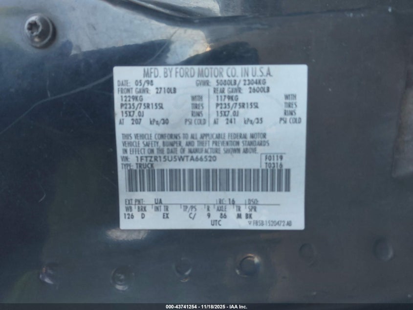 1998 Ford Ranger Splash/Xl/Xlt VIN: 1FTZR15U5WTA66520 Lot: 43741254