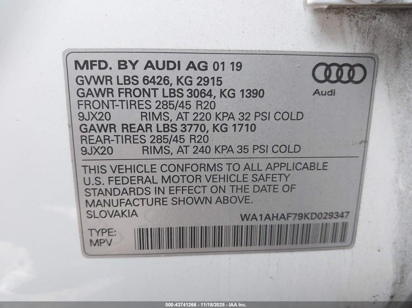 2019 Audi Q7 45 Premium/45 Se Premium VIN: WA1AHAF79KD029347 Lot: 43741266