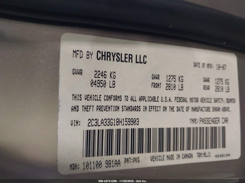 2008 Chrysler 300 Limited VIN: 2C3LA33G18H159903 Lot: 43741269