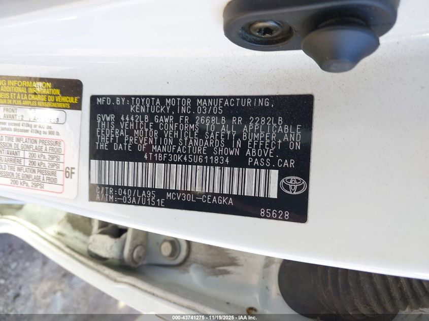 2005 Toyota Camry Xle V6 VIN: 4T1BF30K45U611834 Lot: 43741275