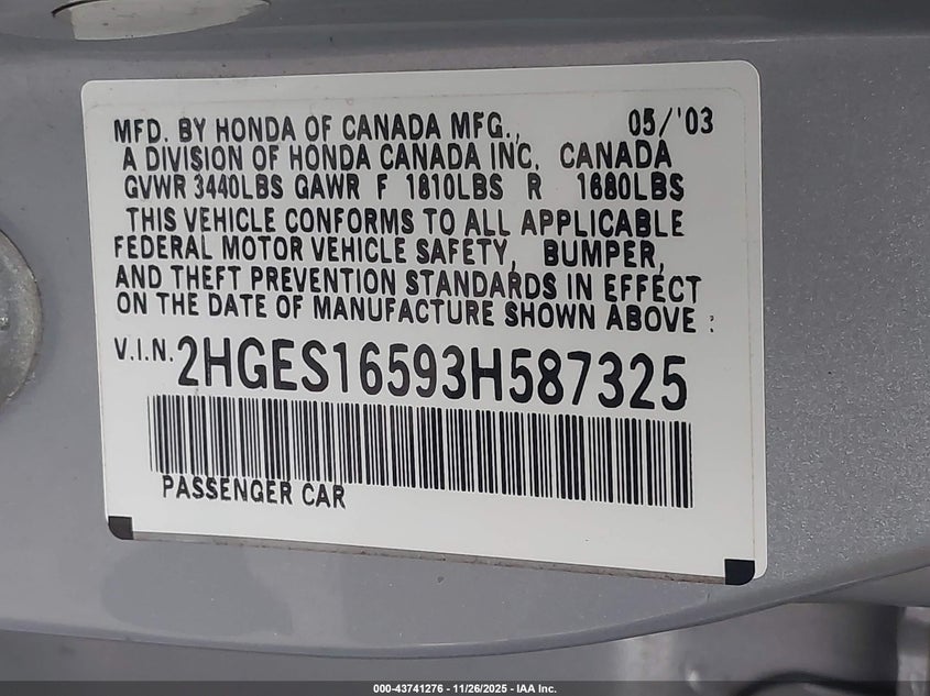2003 Honda Civic Lx VIN: 2HGES16593H587325 Lot: 43741276
