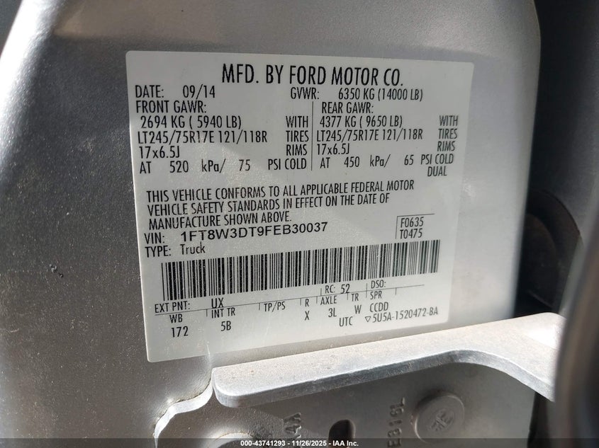 2015 Ford F-350 Lariat VIN: 1FT8W3DT9FEB30037 Lot: 43741293