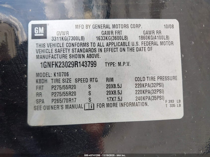 2009 Chevrolet Tahoe Lt2 VIN: 1GNFK23029R143799 Lot: 43741299