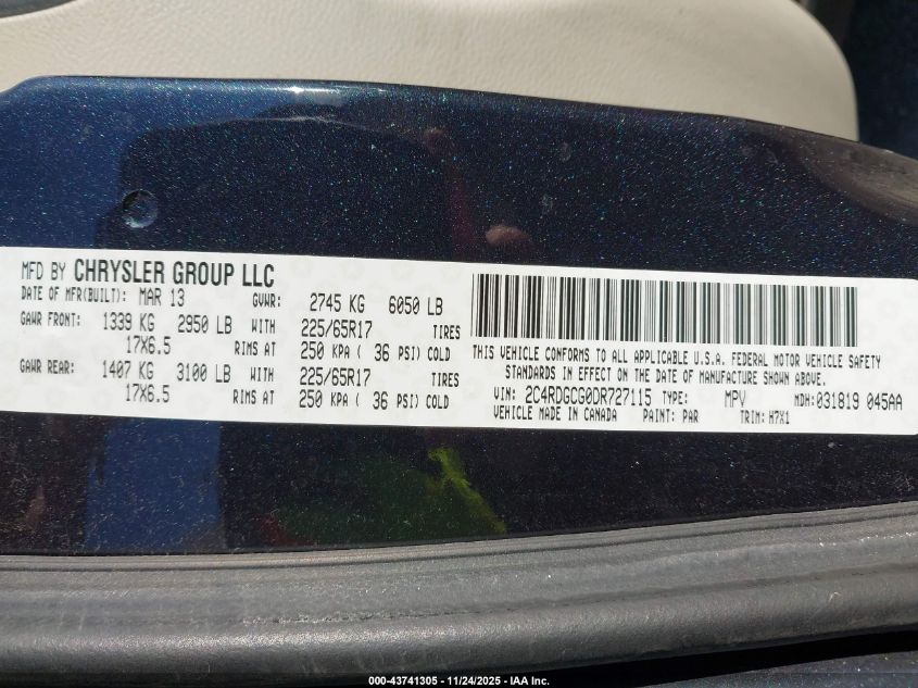 2013 Dodge Grand Caravan Sxt VIN: 2C4RDGCG0DR727115 Lot: 43741305