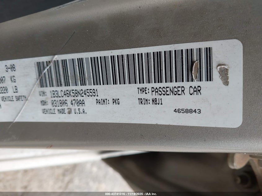 2008 Dodge Avenger Se VIN: 1B3LC46K58N245591 Lot: 43741316