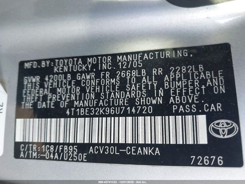 2006 Toyota Camry Le VIN: 4T1BE32K96U714720 Lot: 43741332