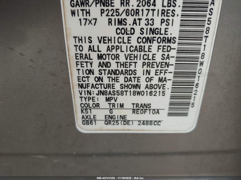 2008 Nissan Rogue Sl VIN: JN8AS58T18W016215 Lot: 43741335