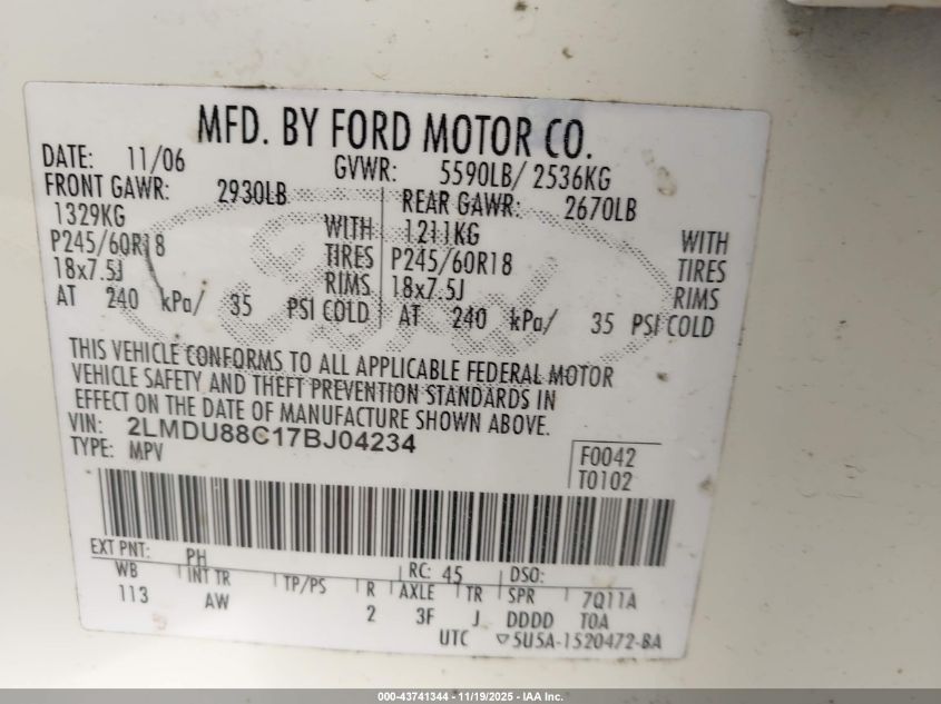 2007 Lincoln Mkx VIN: 2LMDU88C17BJ04234 Lot: 43741344
