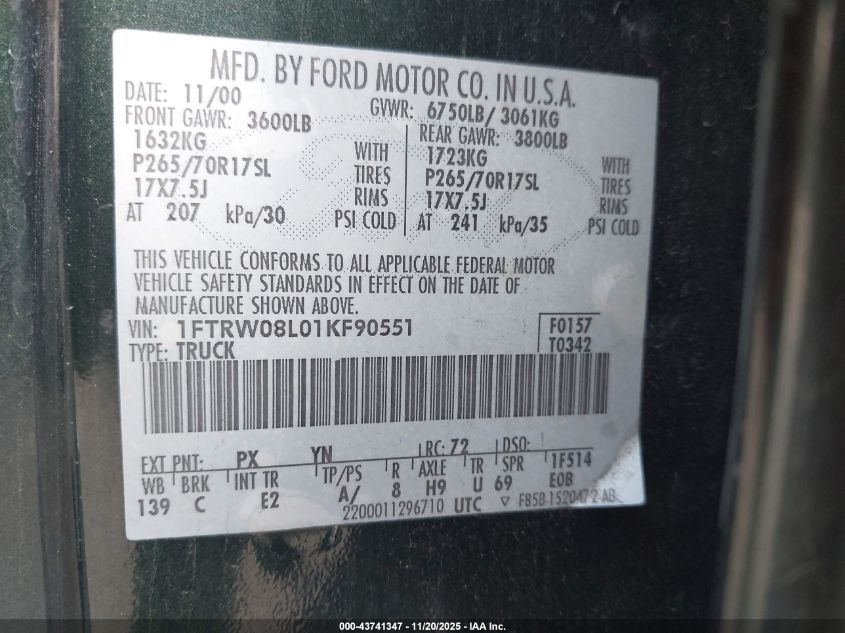 2001 Ford F-150 King Ranch Edition/Lariat/Xlt VIN: 1FTRW08L01KF90551 Lot: 43741347