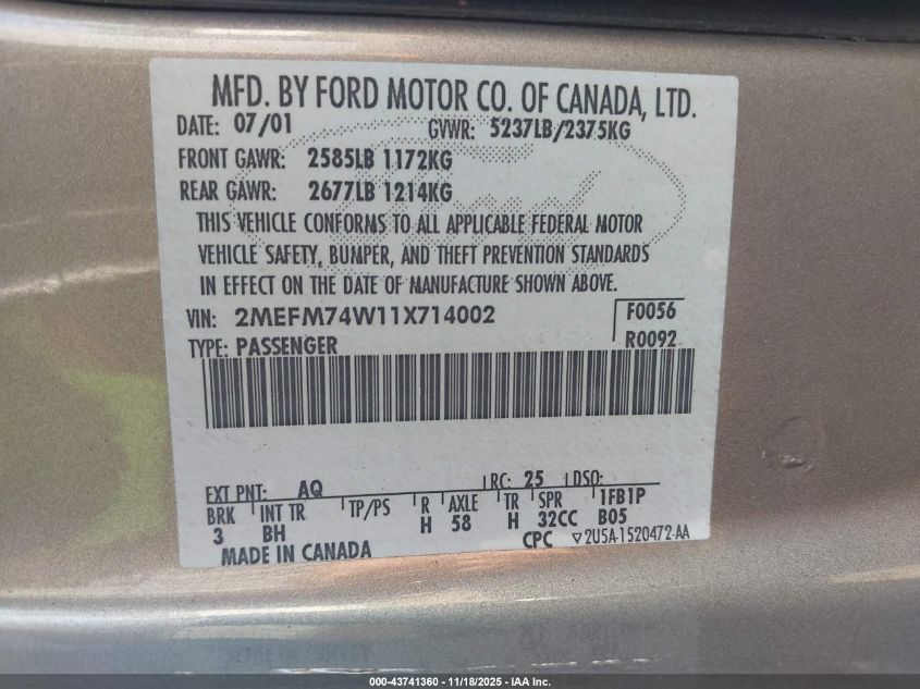2001 Mercury Grand Marquis Gs VIN: 2MEFM74W11X714002 Lot: 43741360