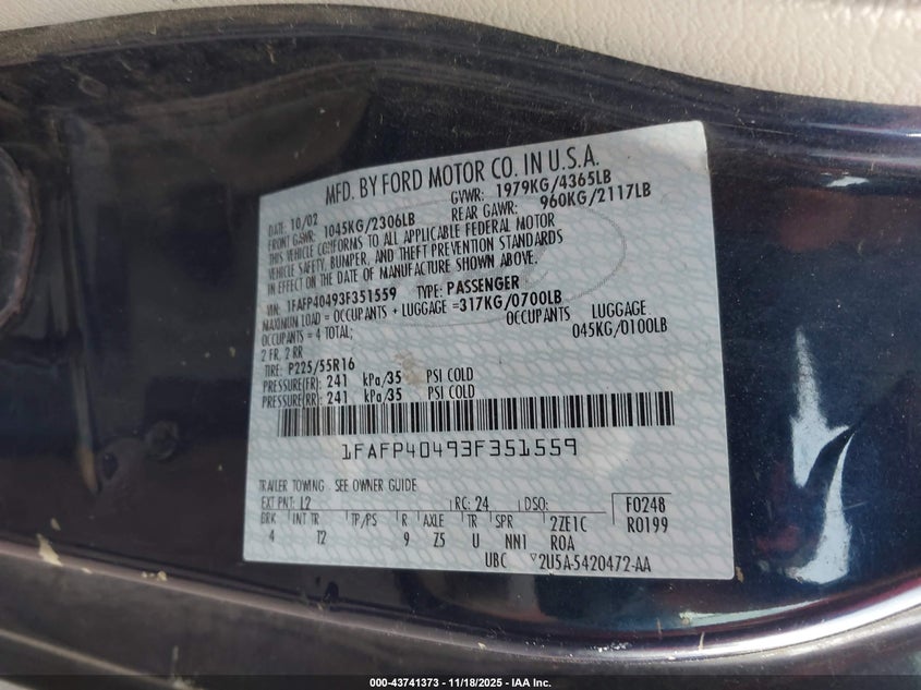 2003 Ford Mustang VIN: 1FAFP40493F351559 Lot: 43741373