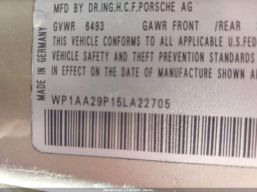 2005 Porsche Cayenne VIN: WP1AA29P15LA22705 Lot: 43741385