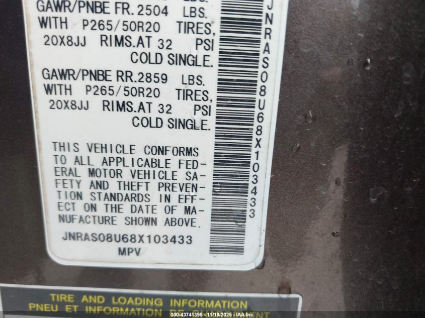 2008 Infiniti Fx35 VIN: JNRAS08U68X103433 Lot: 43741395