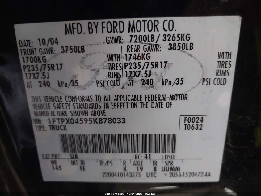 2005 Ford F-150 Fx4/Xlt VIN: 1FTPX04595KB78033 Lot: 43741408