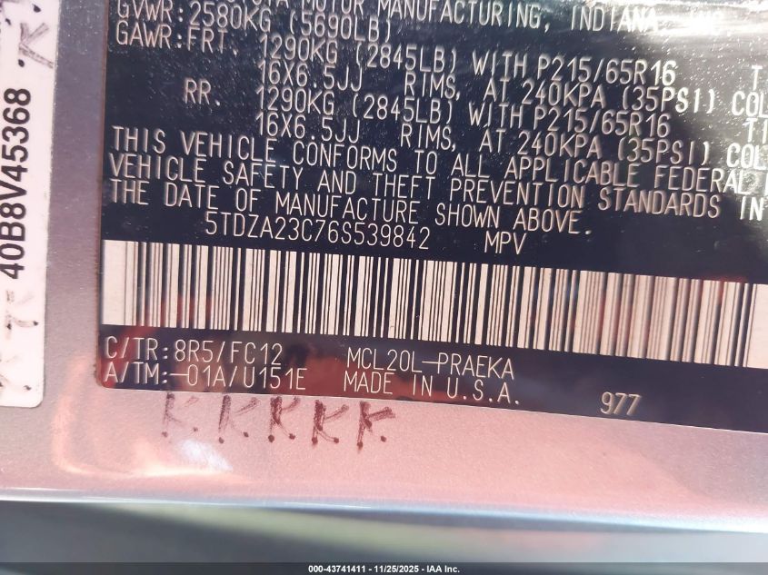 2006 Toyota Sienna Le VIN: 5TDZA23C76S539842 Lot: 43741411