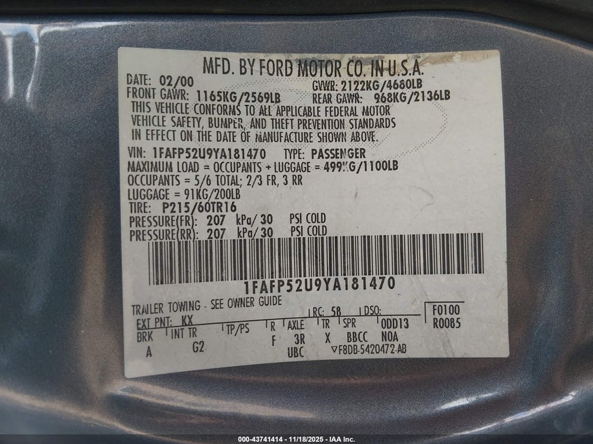 1FAFP52U9YA181470 2000 FORD TAURUS photo no. 9
