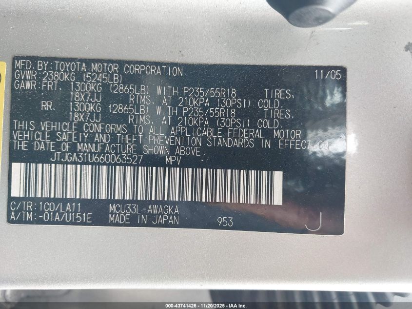 2006 Lexus Rx 330 VIN: JTJGA31U660063527 Lot: 43741426