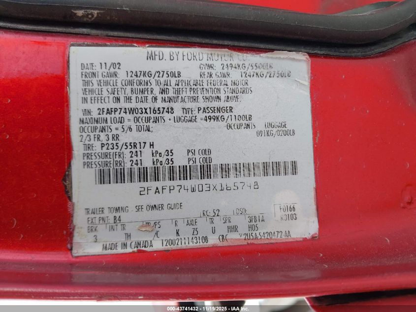 2003 Ford Crown Victoria Lx VIN: 2FAFP74W03X165748 Lot: 43741432