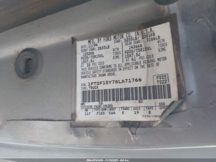 1995 Ford F150 VIN: 1FTDF15Y7SLA71766 Lot: 43741436