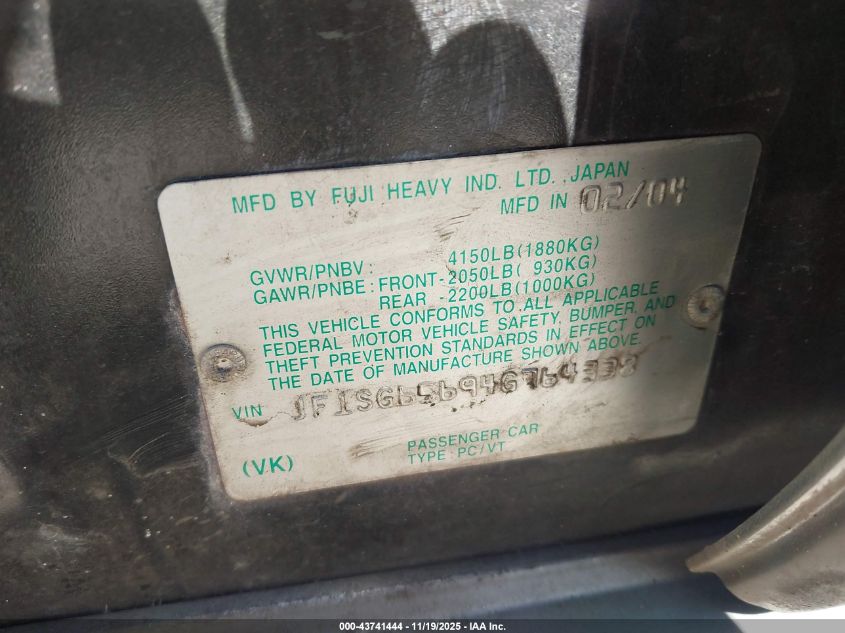 2004 Subaru Forester 2.5Xs VIN: JF1SG65694G764338 Lot: 43741444