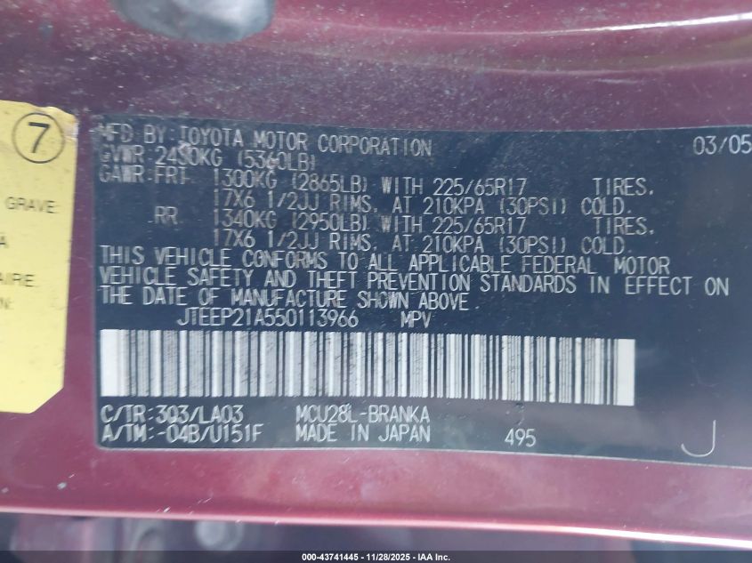 2005 Toyota Highlander Limited V6 VIN: JTEEP21A550113966 Lot: 43741445