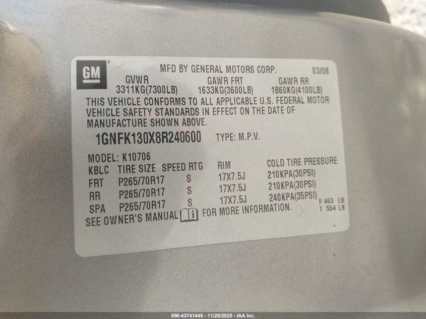 2008 Chevrolet Tahoe Ls VIN: 1GNFK130X8R240600 Lot: 43741448