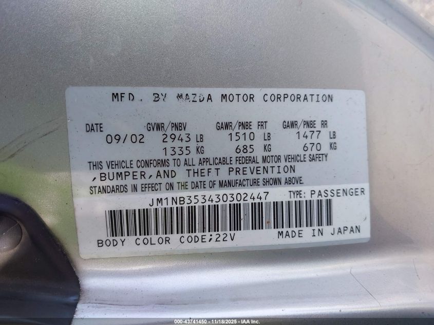 2003 Mazda Mx-5 Miata Cloth/Ls/Se/Shinsen VIN: JM1NB353430302447 Lot: 43741450