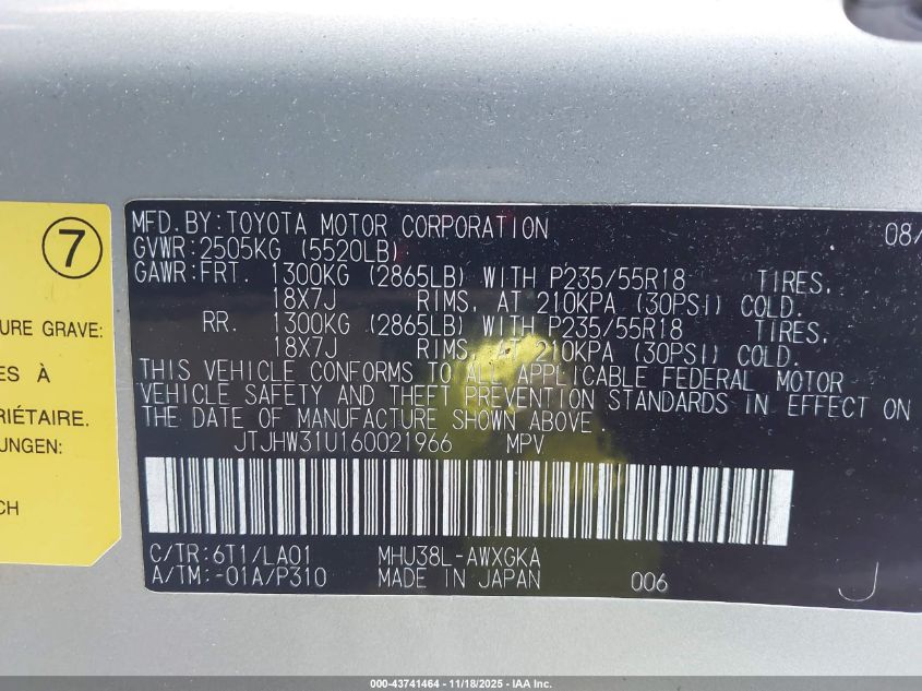 2006 Lexus Rx 400H VIN: JTJHW31U160021966 Lot: 43741464