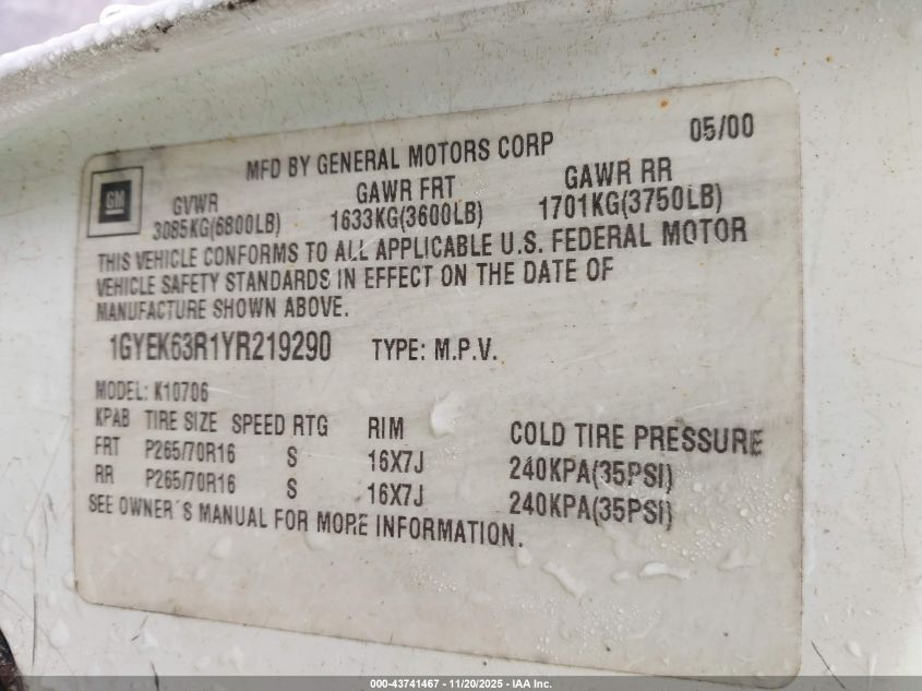 2000 Cadillac Escalade Standard VIN: 1GYEK63R1YR219290 Lot: 43741467