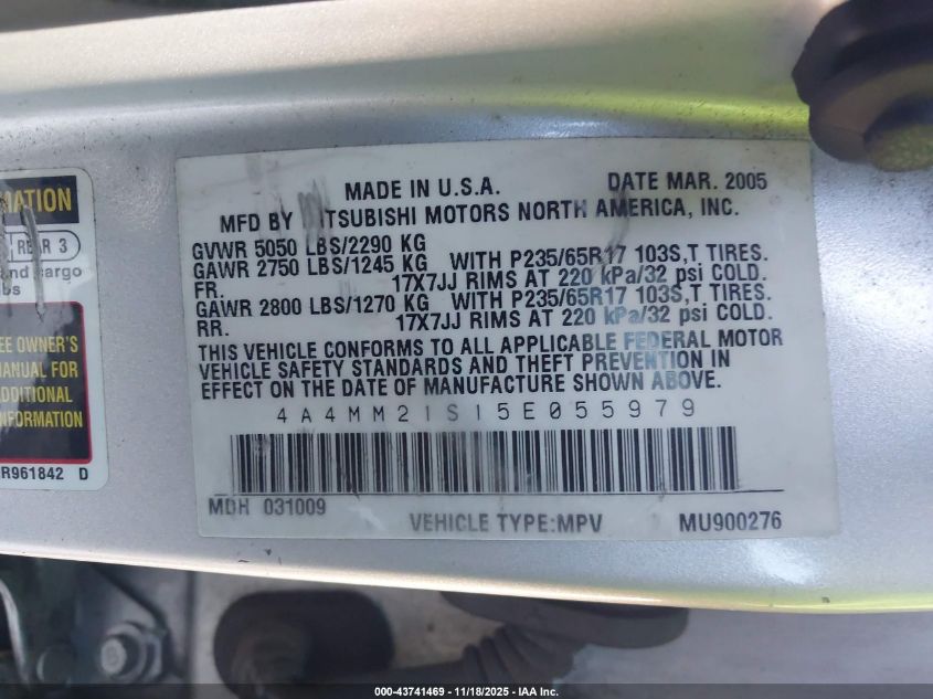 2005 Mitsubishi Endeavor Ls VIN: 4A4MM21S15E055979 Lot: 43741469