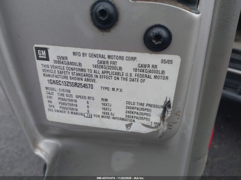 2005 Chevrolet Tahoe Ls VIN: 1GNEC13Z55R254570 Lot: 43741474