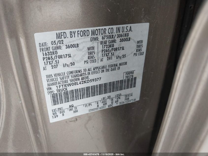 2002 Ford F-150 Lariat/Xlt VIN: 1FTRW08L42KD59377 Lot: 43741476