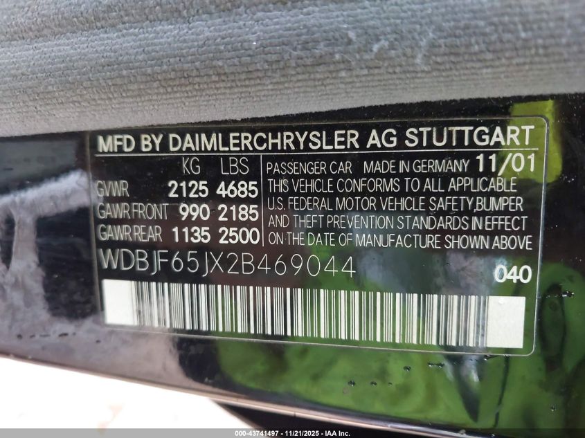 2002 Mercedes-Benz E 320 Special Edition VIN: WDBJF65JX2B469044 Lot: 43741497