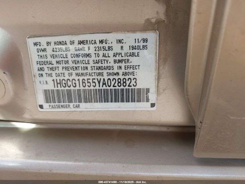 2000 Honda Accord 3.0 Ex VIN: 1HGCG1655YA028823 Lot: 43741498