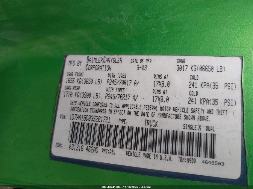 2003 Dodge Ram 1500 Slt/Laramie/St VIN: 1D7HA18D83S281721 Lot: 43741503