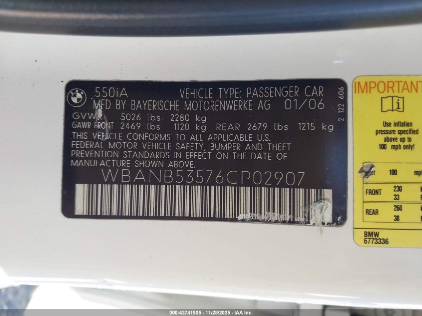 2006 BMW 550I VIN: WBANB53576CP02907 Lot: 43741505