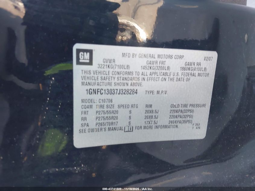 2007 Chevrolet Tahoe Ltz VIN: 1GNFC13037J328284 Lot: 43741509
