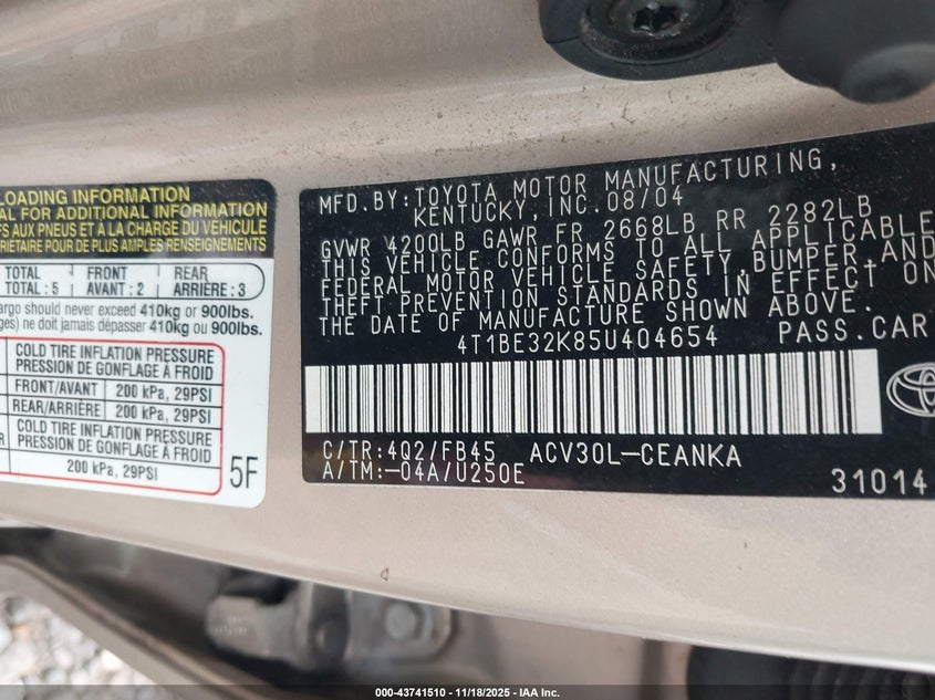 4T1BE32K85U404654 2005 TOYOTA CAMRY photo no. 9
