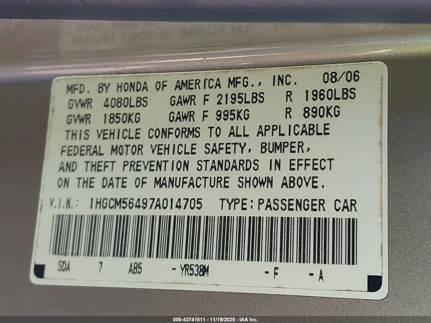 1HGCM56497A014705 2007 HONDA ACCORD photo no. 9
