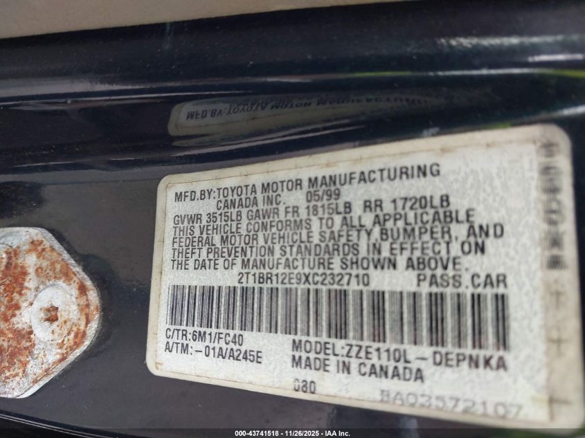 1999 Toyota Corolla Le VIN: 2T1BR12E9XC232710 Lot: 43741518