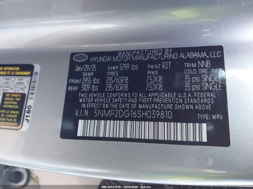 2025 Hyundai Santa Fe Hybrid Sel VIN: 5NMP2DG16SH039810 Lot: 43741519