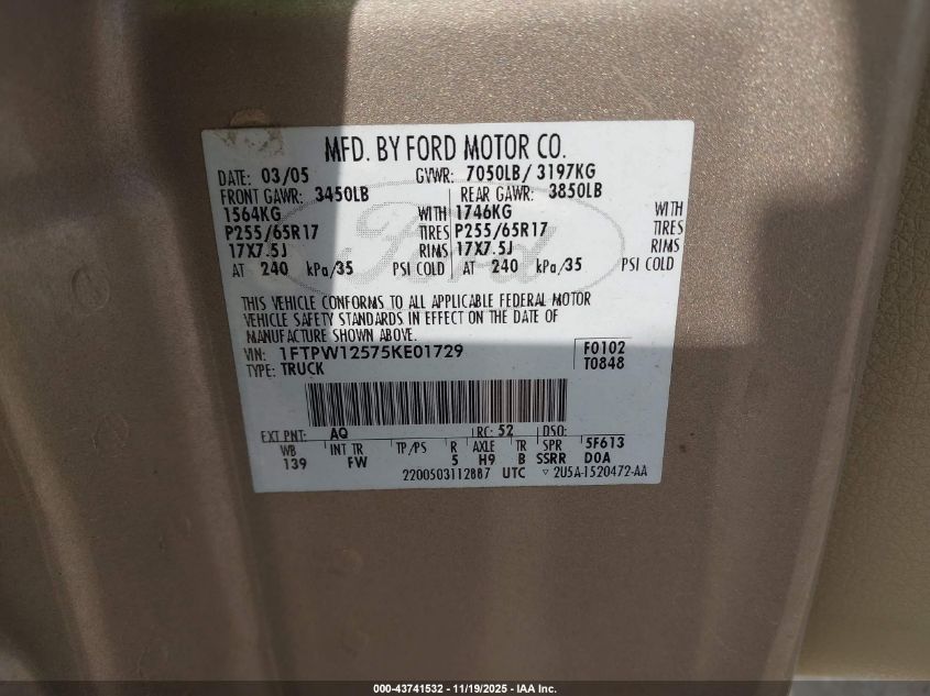 2005 Ford F-150 Lariat/Xlt VIN: 1FTPW12575KE01729 Lot: 43741532