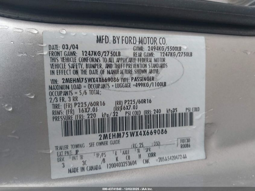 2004 Mercury Grand Marquis Ls VIN: 2MEHM75WX4X669086 Lot: 43741540