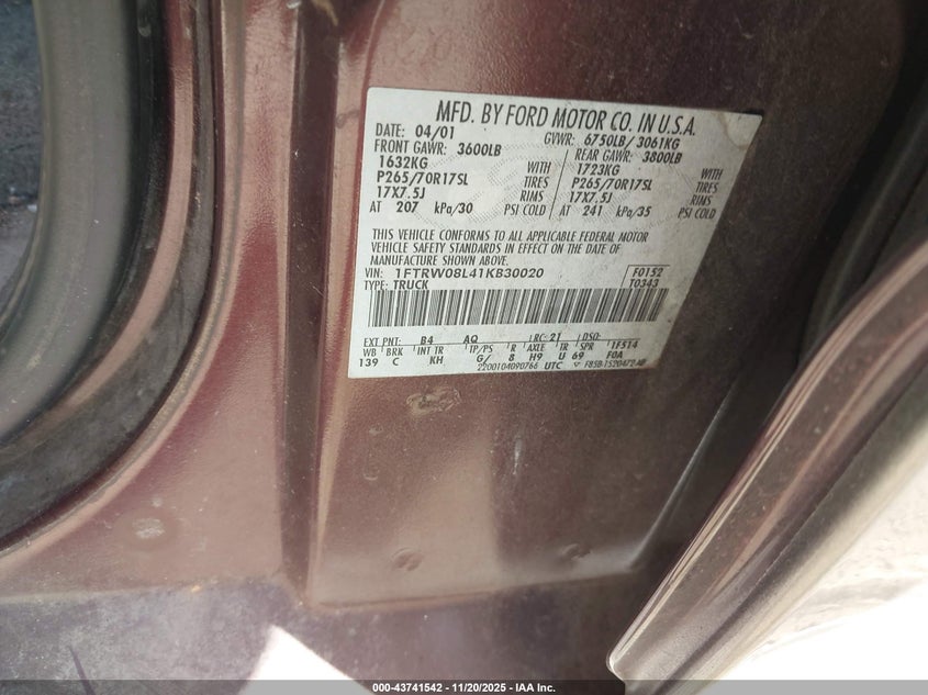2001 Ford F-150 King Ranch Edition/Lariat/Xlt VIN: 1FTRW08L41KB30020 Lot: 43741542