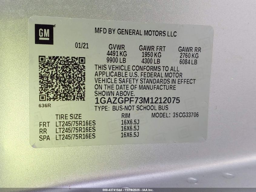 2021 Chevrolet Express Passenger Rwd 3500 Extended Wheelbase Lt VIN: 1GAZGPF73M1212075 Lot: 43741544