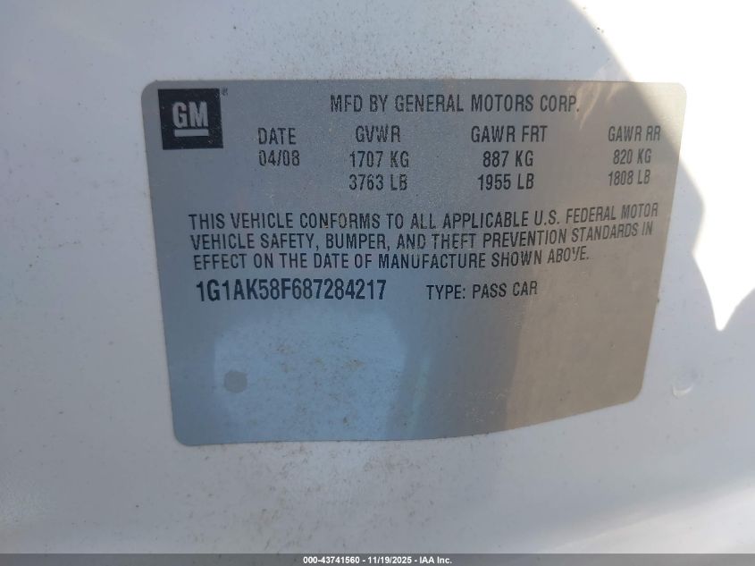 2008 Chevrolet Cobalt Ls VIN: 1G1AK58F687284217 Lot: 43741560